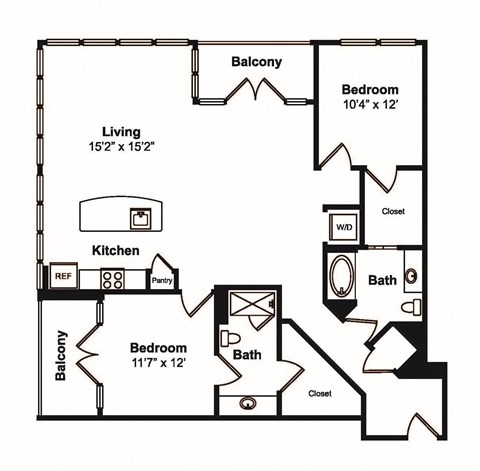 Floor plan for 2 beds, 2 baths, 1354 sqft